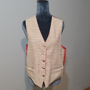 Plaid Wool Blend Vest with Red Backing